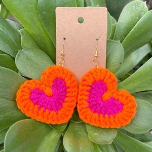 Handmade Crochet Heart Orange Magenta Two Tone Earrings Valentine’s Day